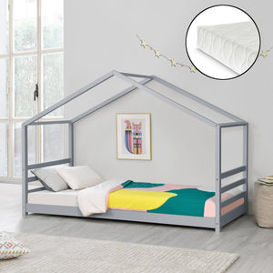 Lit d'Enfant Maison Cabane à Sommier à Lattes avec Matelas Mousse à Froid Bois de Pin [en.casa] [neu.haus]