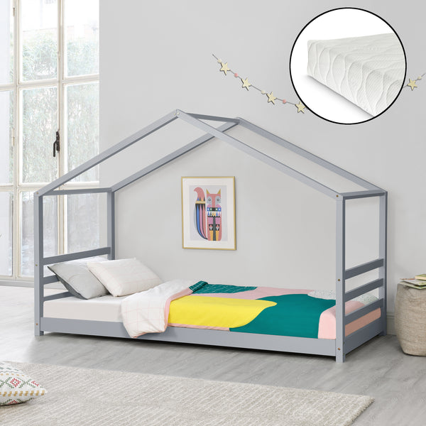 Lit d'Enfant Maison Cabane à Sommier à Lattes avec Matelas Mousse à Froid Bois de Pin [en.casa] [neu.haus]