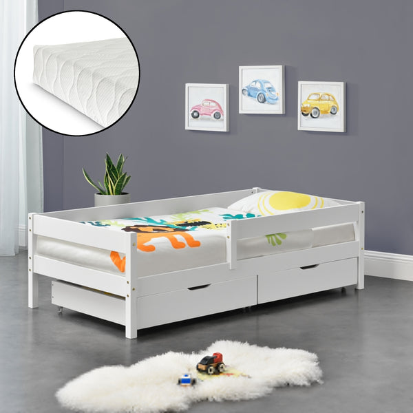 Kinderbed Borgarnes met uitvalbeveiliging matras en 2 lades - verschillende kleuren en maten