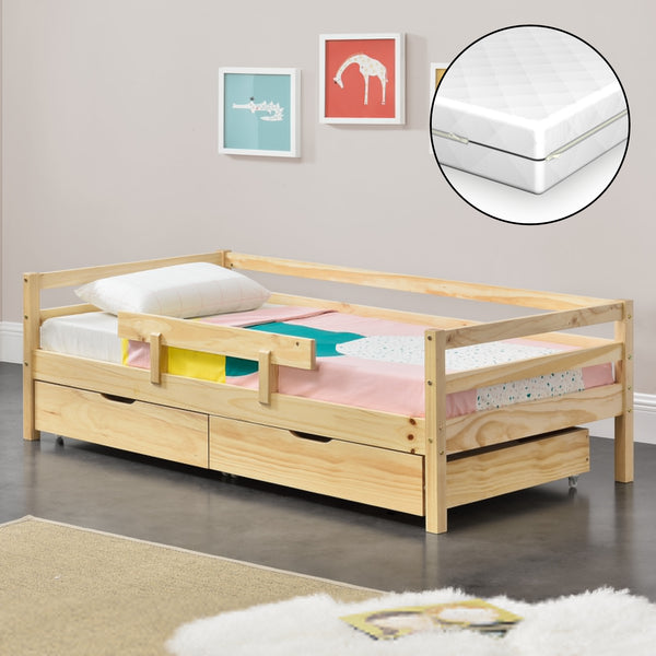 Lit d'enfant Design avec Barrière Anti-Chute et 2 Tiroirs Construction Solide avec Matelas Bois de Pin Contreplaqué [en.casa] [neu.haus]