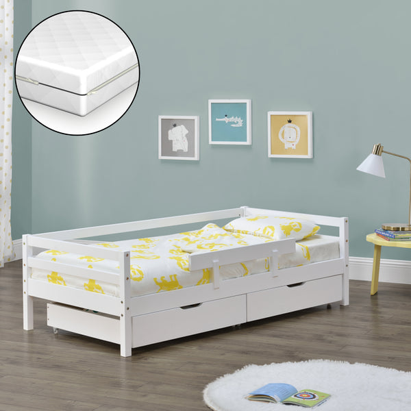 Kinderbed Reykholt met uitvalbeveiliging matras en 2 lades - verschillende kleuren en maten