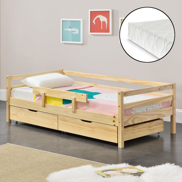 Lit d'enfant Design avec Barrière Anti-Chute et 2 Tiroirs Construction Solide avec Matelas Bois de Pin Contreplaqué [en.casa] [neu.haus]