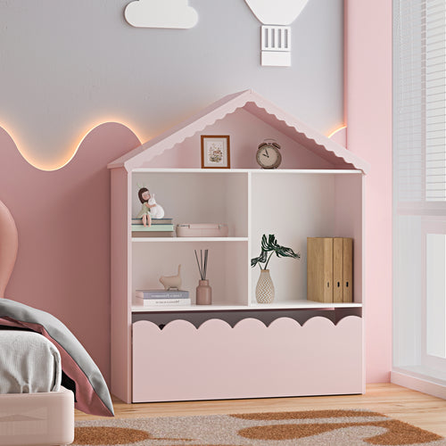Kinderrek Vestnes in huisvorm 114x91x30 cm wit en roze [en.casa]