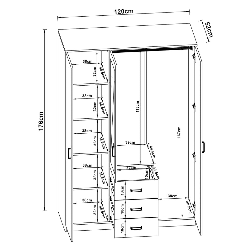 Croquis coté Armoire de chambre Bodolz MDF effet chêne sonoma [en.casa]
