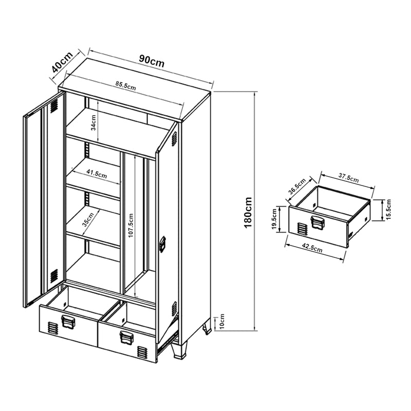 Croquis coté Armoire de chambre Hankasalmi acier [en.casa]