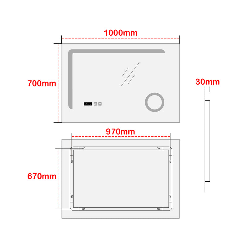 Croquis coté Miroir LED Chambave pour salle de bain argent pro.tec