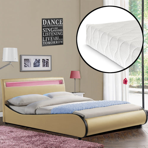 CoriumLit capitonné à LED de Corium 'Valencia' avec matelas (140 / 180 x200cm)(7 Couleurs)(mousse froide) -  avec cuir synthétique / housse en cuir synthétique / éclairage RVB / avec sommier à lattes /