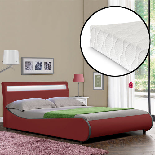 CoriumLit capitonné à LED de Corium 'Valencia' avec matelas (140 / 180 x200cm)(7 Couleurs)(mousse froide) -  avec cuir synthétique / housse en cuir synthétique / éclairage RVB / avec sommier à lattes /