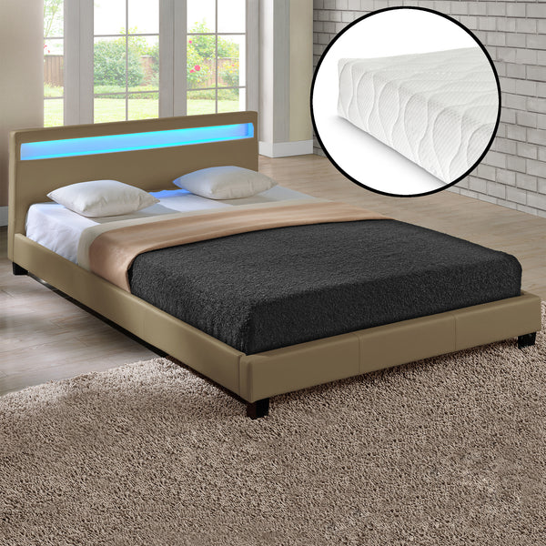 Corium Lit capitonné à LED Corium (Paris) avec matelas (140 | 160 | 180 | 200 x200cm)(7 Couleurs)(mousse froide) - avec cuir synthétique / housse  cuir synthétique / éclairage RVB / avec sommier à lattes /
