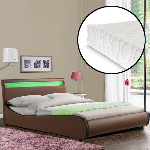 CoriumLit capitonné à LED de Corium 'Valencia' avec matelas (140 / 180 x200cm)(7 Couleurs)(mousse froide) -  avec cuir synthétique / housse en cuir synthétique / éclairage RVB / avec sommier à lattes /