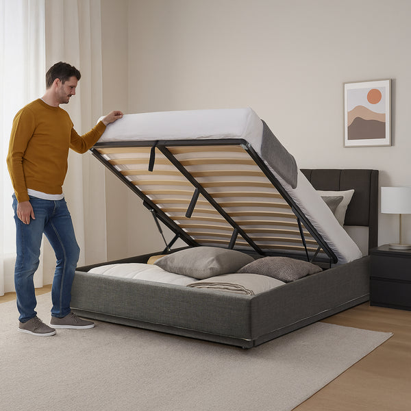 Tweepersoonsbed Tröstiar led bed met opbergruimte linnen [en.casa]