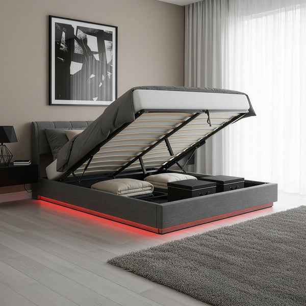 Tweepersoonsbed Tröstiar led bed met opbergruimte linnen [en.casa]