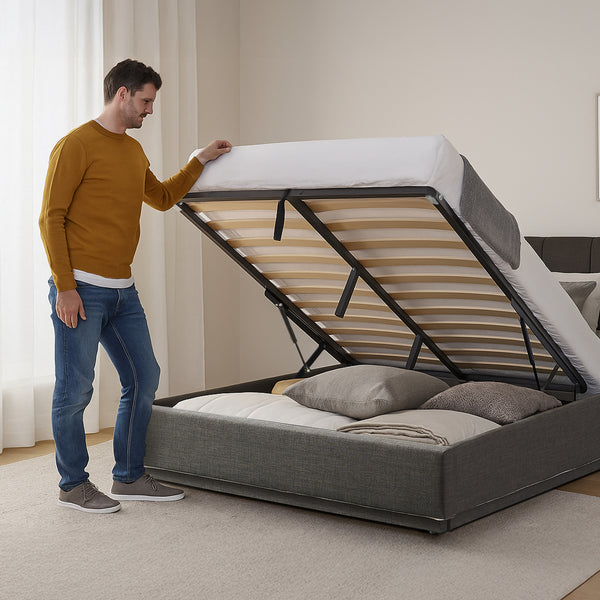Tweepersoonsbed Tröstiar led bed met opbergruimte linnen [en.casa]