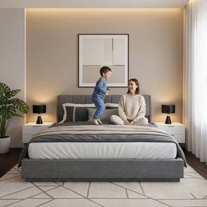 Tweepersoonsbed Tröstiar led bed met opbergruimte linnen [en.casa]