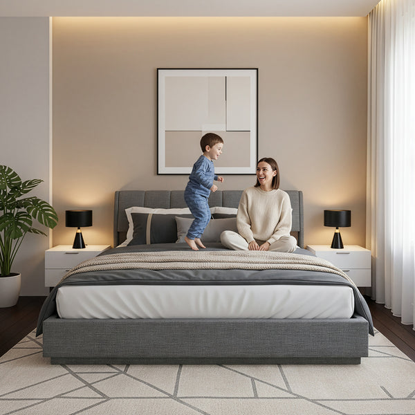 Tweepersoonsbed Tröstiar led bed met opbergruimte linnen [en.casa]