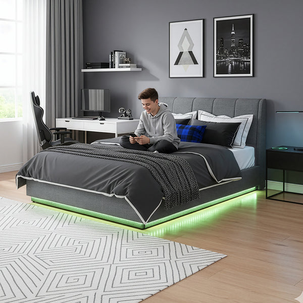 Tweepersoonsbed Tröstiar led bed met opbergruimte linnen [en.casa]
