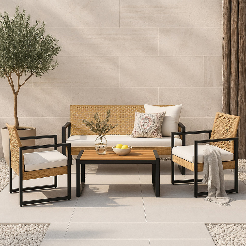 Salon de jardin 4 pièces Calciano aspect rotin beige noir naturel casa.pro