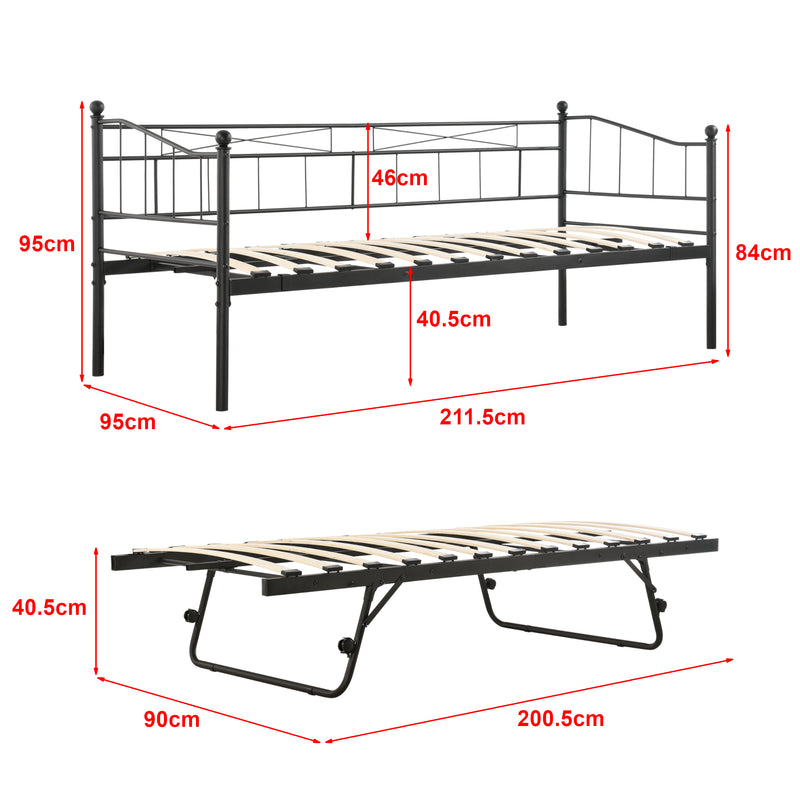 Croquis coté Lit gigogne en métal Skutskär 90x200 cm avec sommier à lattes [en.casa]