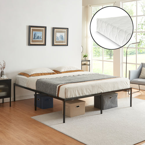 Metalen bedframe Vårdö met bedbodem en matras zwart [en.casa] [neu.haus]