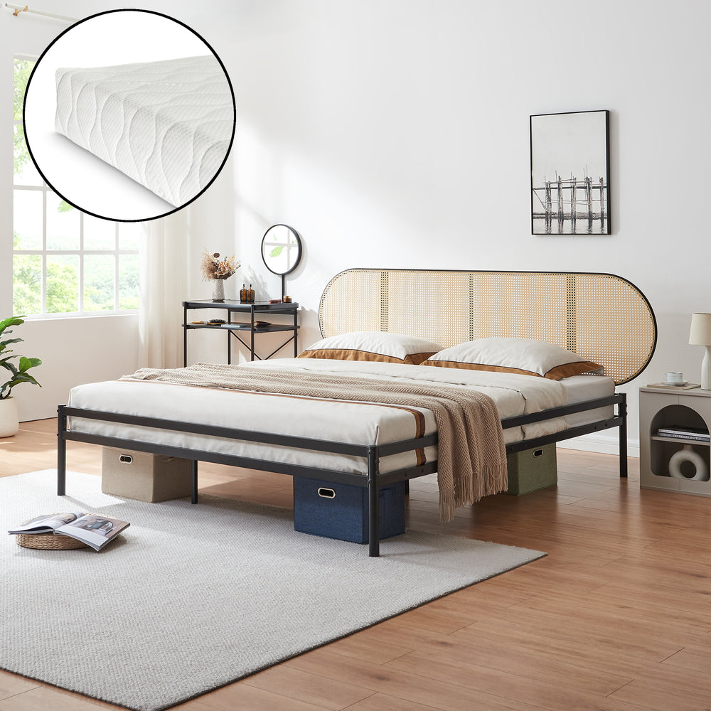 Lit en métal Linköping avec tête de lit ovale et matelas noir / effet rotin [en.casa]