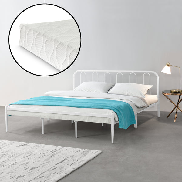 Cadre de Lit en Métal Hanko avec Matelas Blanc Mat [en.casa] [neu.haus]