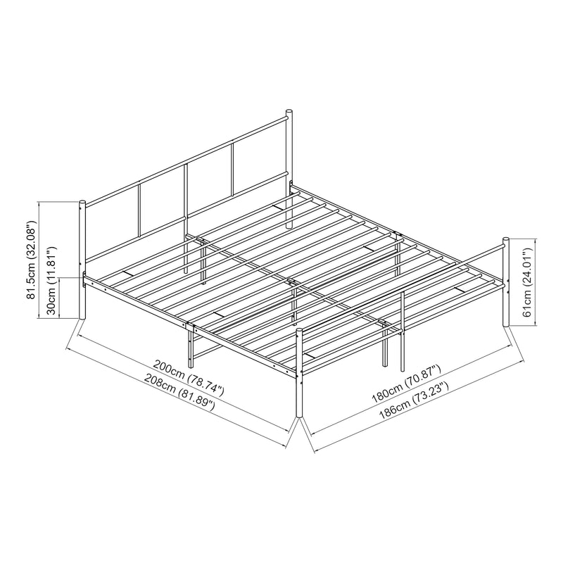 Croquis coté Cadre de Lit en Métal Laos avec Matelas Mousse à Froid Noir Mat [en.casa]
