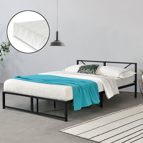 Cadre de Lit Simple Meran Métal Matelas Noir [neu.haus] [en.casa]