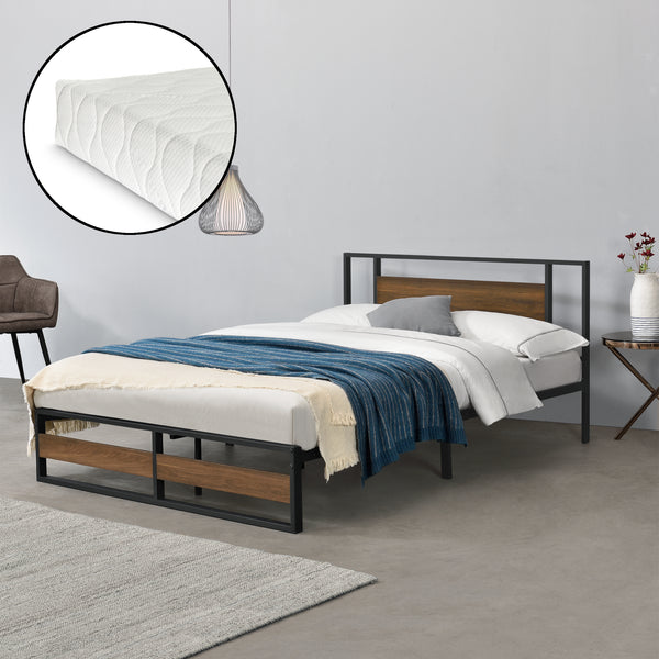 Metalen bed Villach bedframe met bedbodem en matras zwart en walnoot - verschillende maten