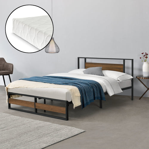 Metalen bed Villach bedframe met bedbodem en matras zwart en walnoot - verschillende maten