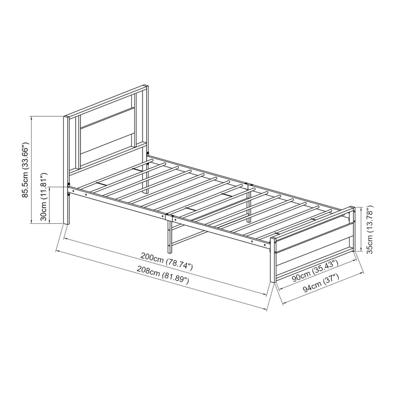 Croquis coté Cadre de Lit Villach Matelas Plusieurs tailles Noir Mat Effet Noyer [en.casa]