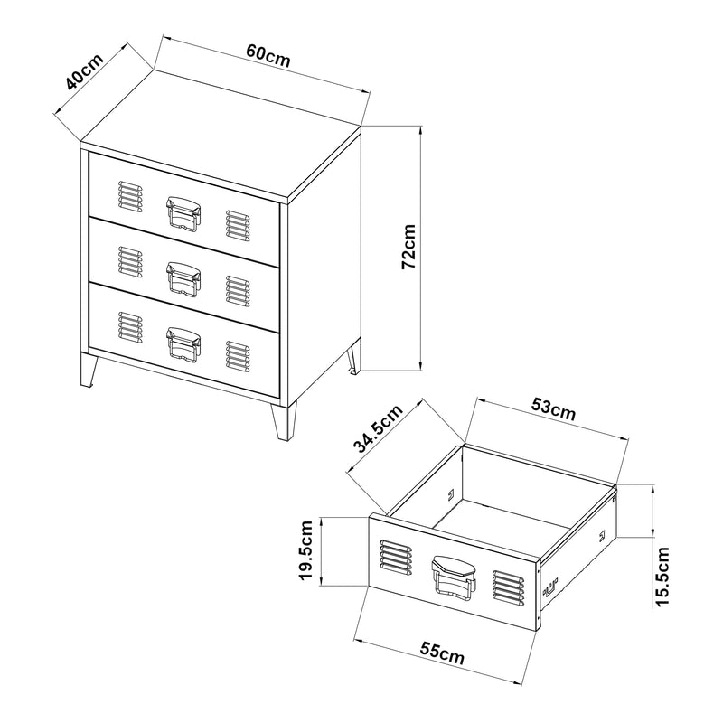 Croquis coté Commode métallique Hämeenlinna [en.casa]