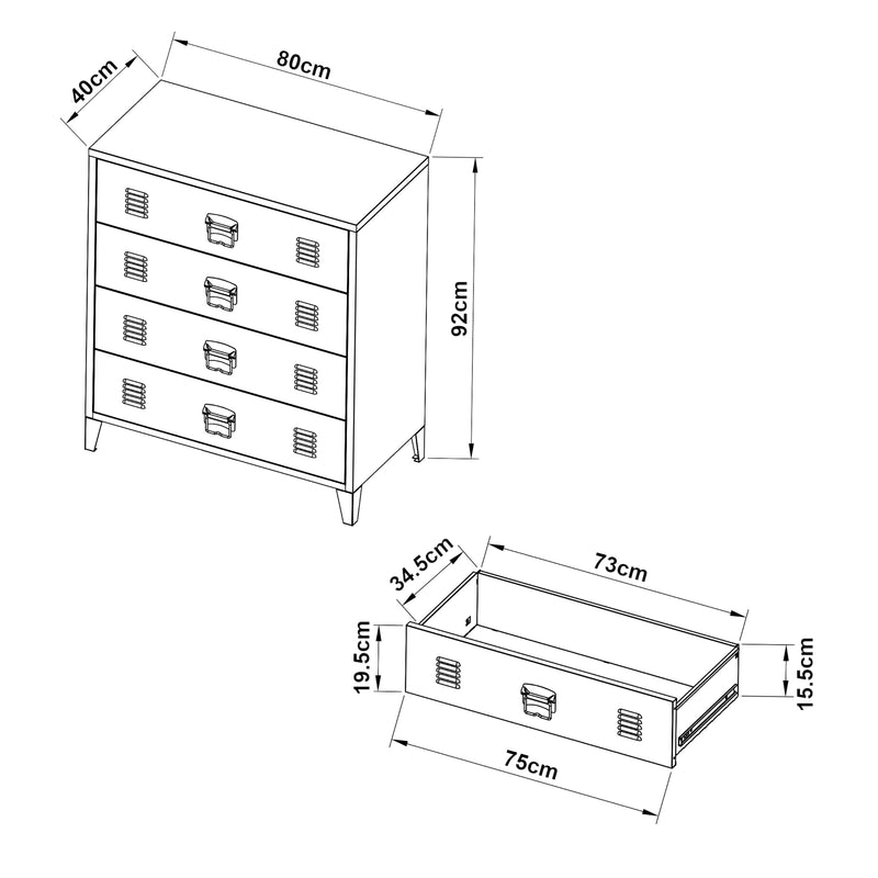 Croquis coté Commode métallique Hämeenlinna [en.casa]
