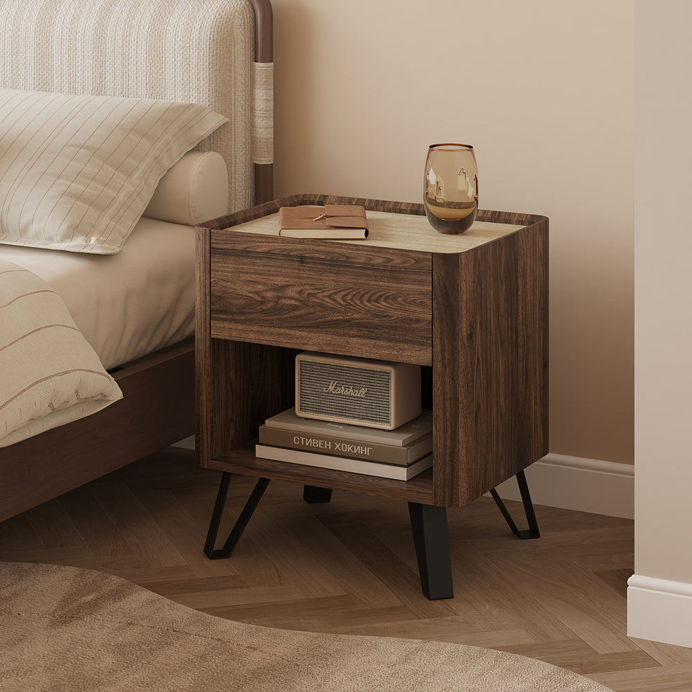 Nachtkastje Trorlon 55x50x40 cm Notenhoutlook/Travertijn [en.casa]