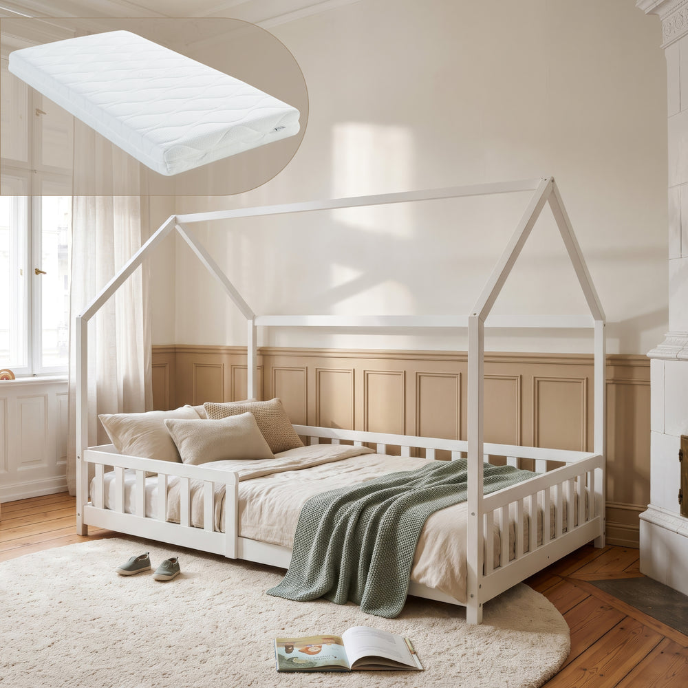 Kinderbed Hesel huisbed met matras en uitvalbeveiliging [en.casa] [neu.haus]
