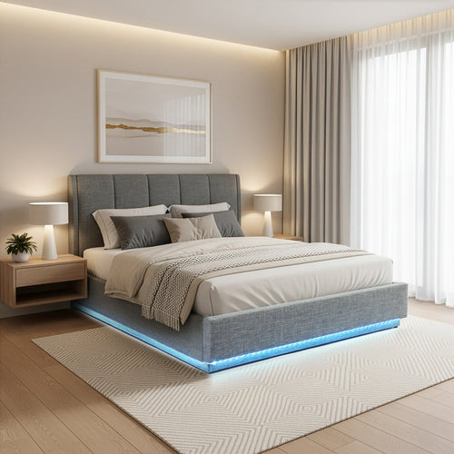 Tweepersoonsbed Tröstiar led bed met opbergruimte linnen [en.casa]