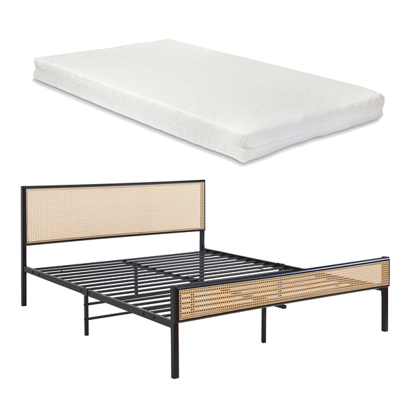 Metalen bed met matras Linköping zwart en rotan look [en.casa]