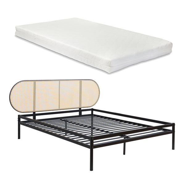 Metalen bed Linköping met matras zwart en rotan look [en.casa]