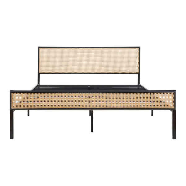 Metalen bed met matras Linköping zwart en rotan look [en.casa]