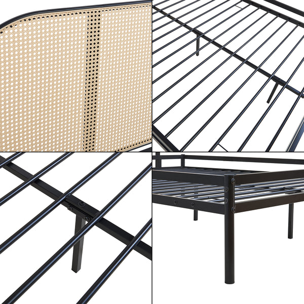 Metalen bed Linköping met matras zwart en rotan look [en.casa]