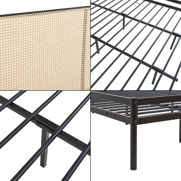 Metalen bed Linköping zwart en rotan look [en.casa]