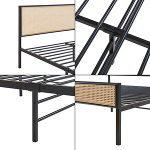 Metalen bed met matras Linköping zwart en rotan look [en.casa]