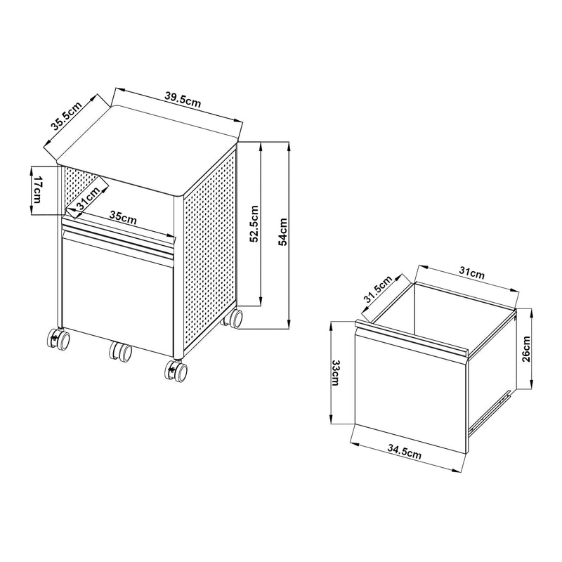 Croquis coté Caisson de bureau à roulettes Velvevn acier 54 x 40 x 36 cm [en.casa]