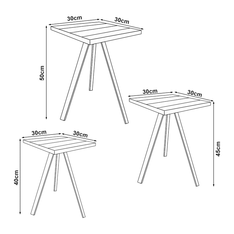 Croquis coté Lot de 3 tables basses gigognes Masku bois de pin 40 - 50 x 30 x 30 cm [en.casa]