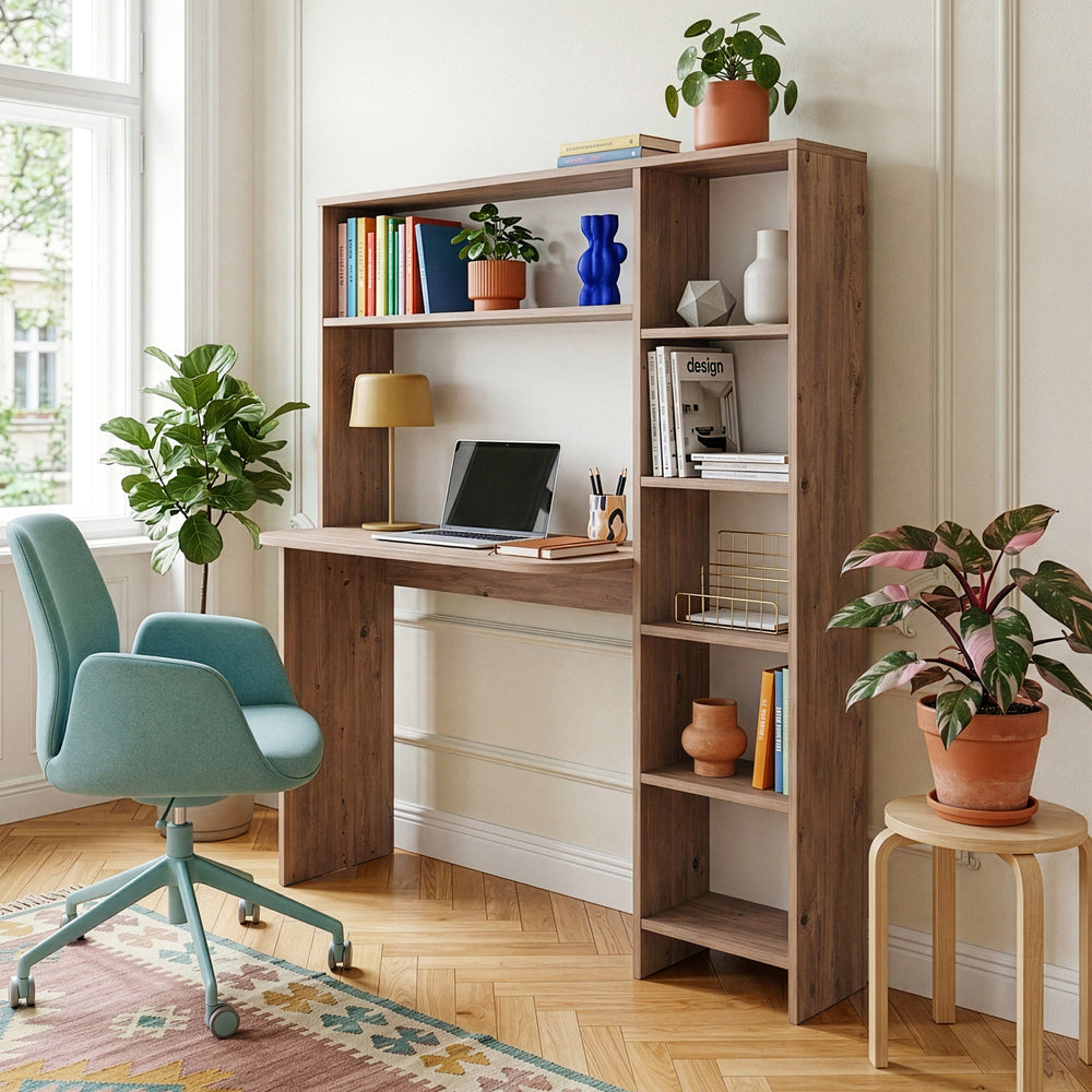 Bureau Onega avec étagère intégrée 143 x 114 x 40 cm effet bois [en.casa]