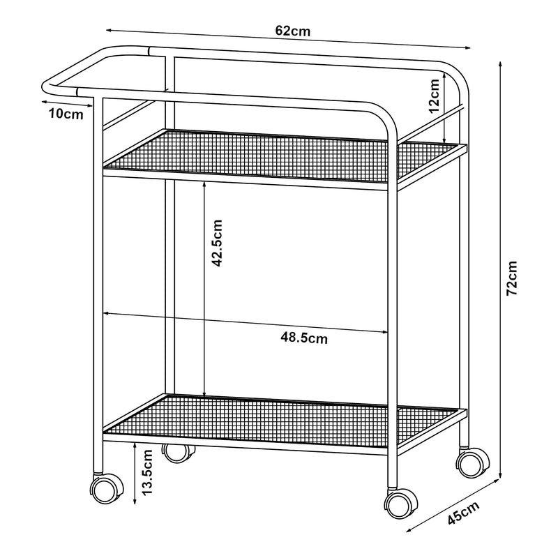 Croquis coté Chariot de service Hole avec 2 étagères 72 x 62 x 45 cm [en.casa]