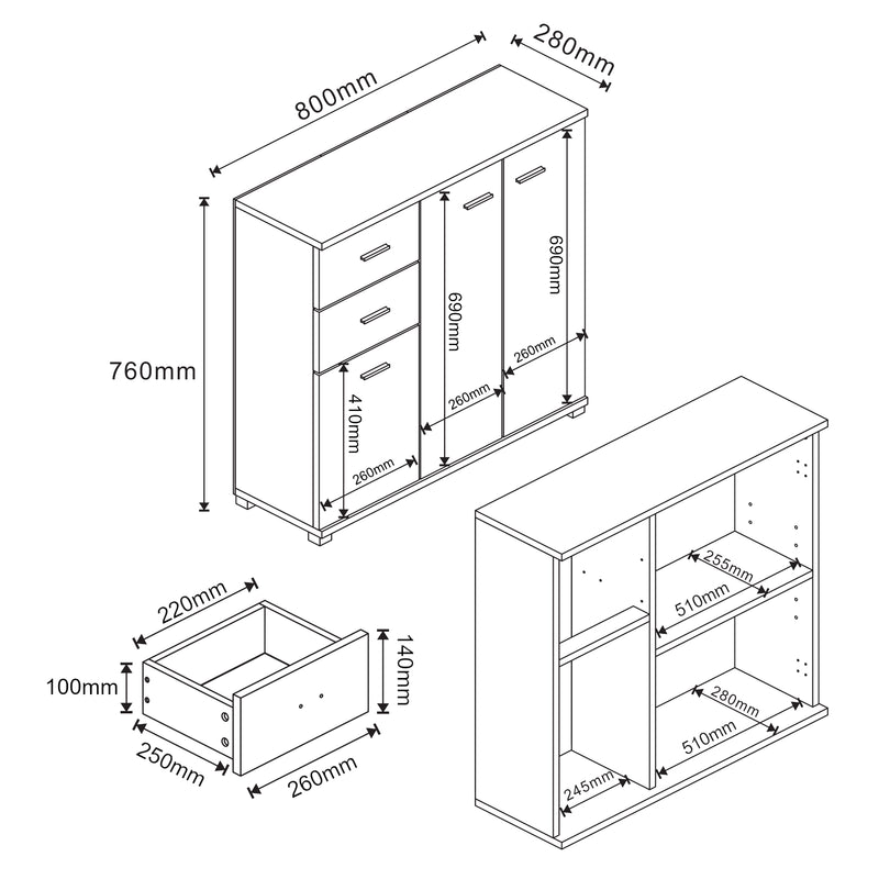 Croquis coté Commode Crimla 76 x 80 x 28 cm [en.casa]