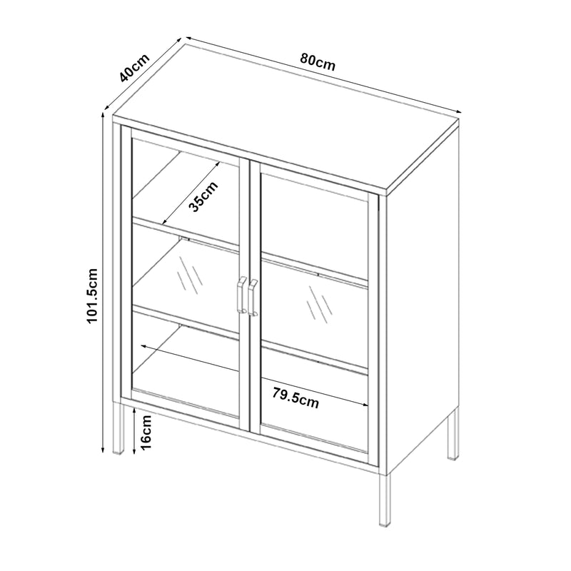 Croquis coté Buffet métallique avec portes vitrées Fauske acier verre trempé 102 x 80 x 40 cm [en.casa]