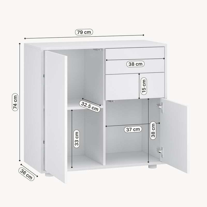 Croquis coté Commode Paarl 74 x 79 x 36 cm avec 2 portes [en.casa]