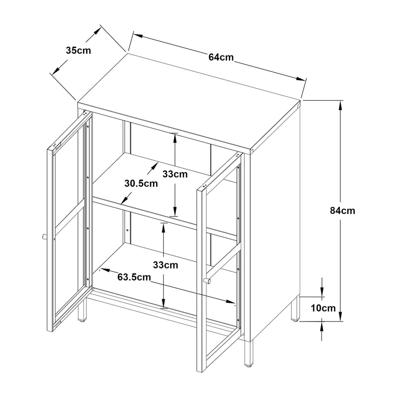 Croquis coté Buffet Säkylä acier verre strié 84 x 64 x 35 cm [en.casa]

