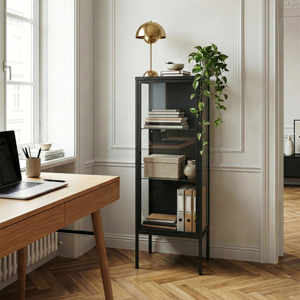 Vitrinekast Borshavisa 116x34x30 cm zwart [en.casa]